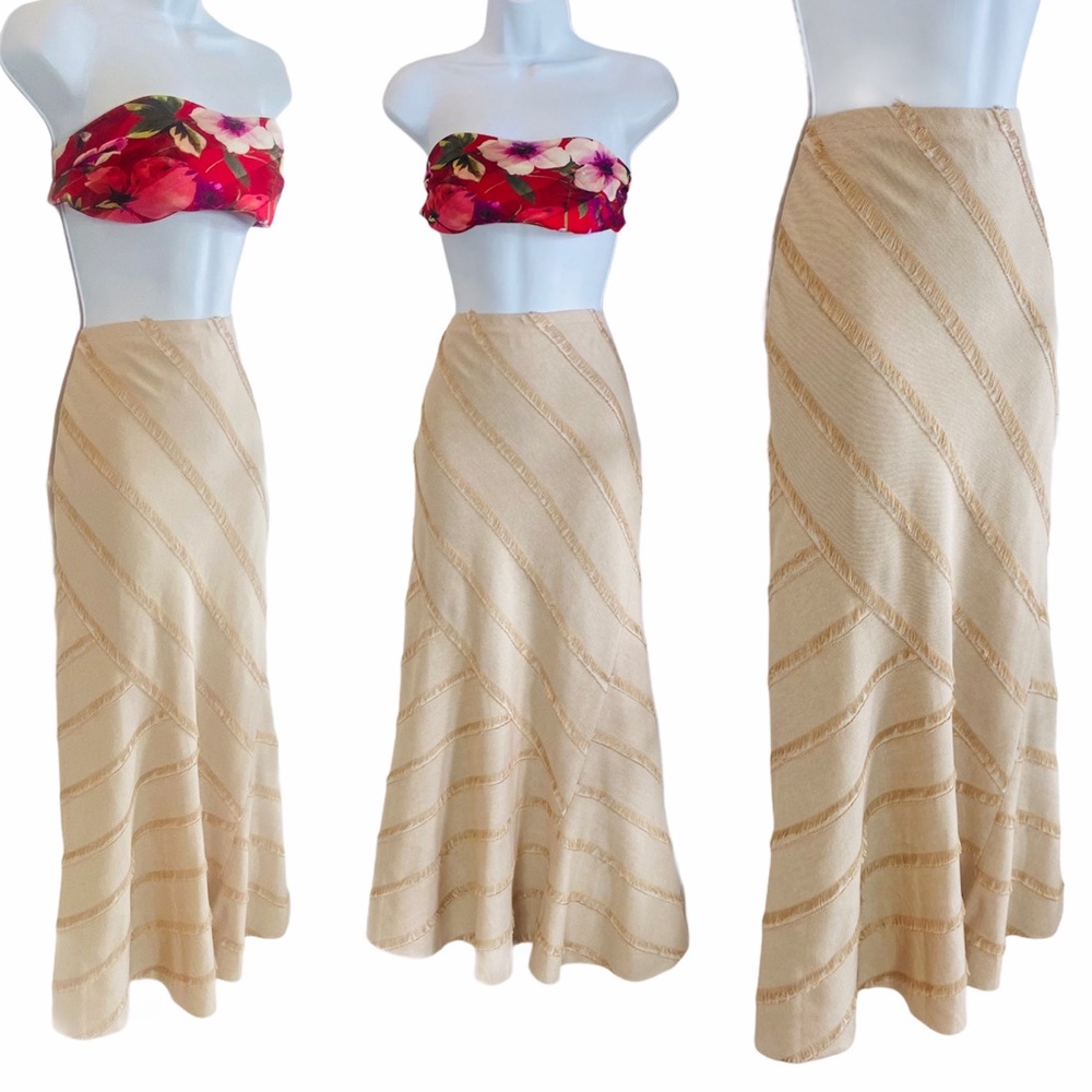 Theory Tan Asymmetrical Fit & Flare Fringe Maxi Skirt Size 12